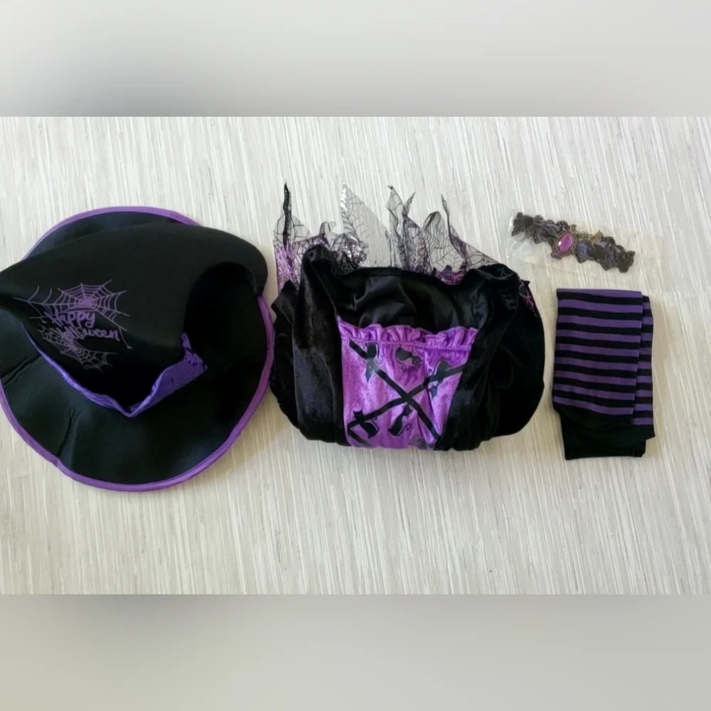 Witch Costume 5pc Halloween Set Small 5-7 Years Dress Belt Hat Choker Leggings